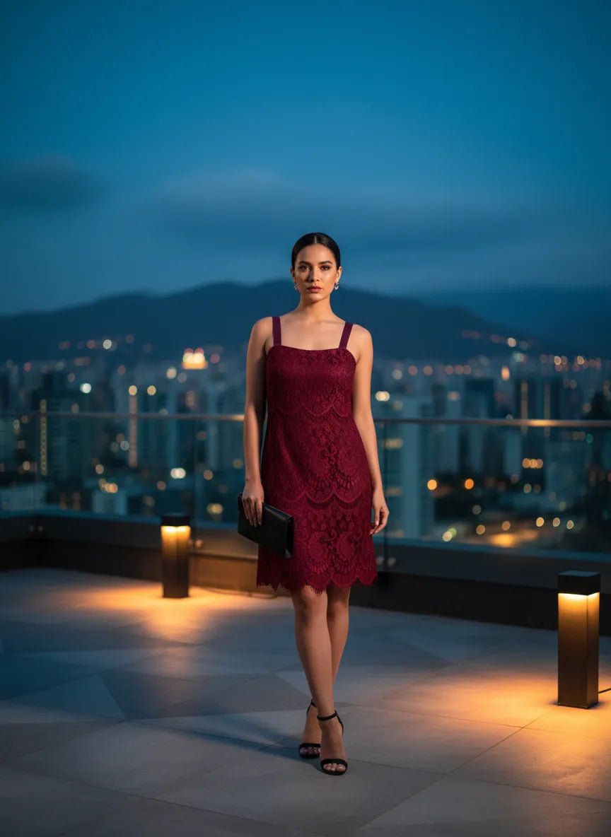 Vestido Cóctel Encaje Escarlata Nocturno