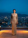 Vestido largo de encaje dorado