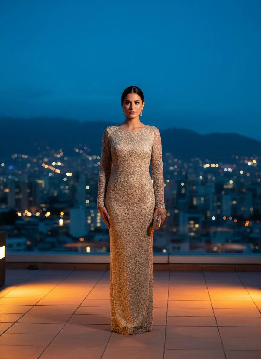 Vestido largo de encaje dorado