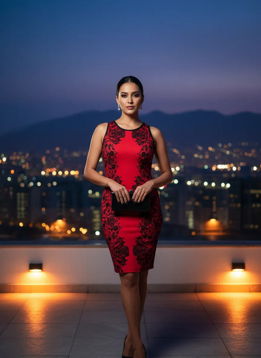 Vestido Coctel Encaje Rojo y Negro