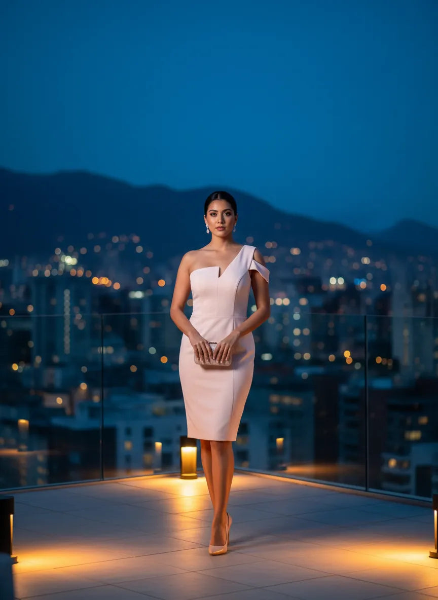 Vestido Cóctel Asimétrico Rosa Nude