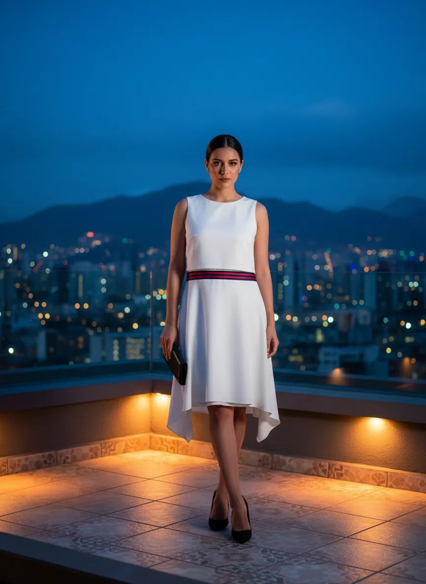 Vestido Blanco Asimétrico con Cinturón Tricolor