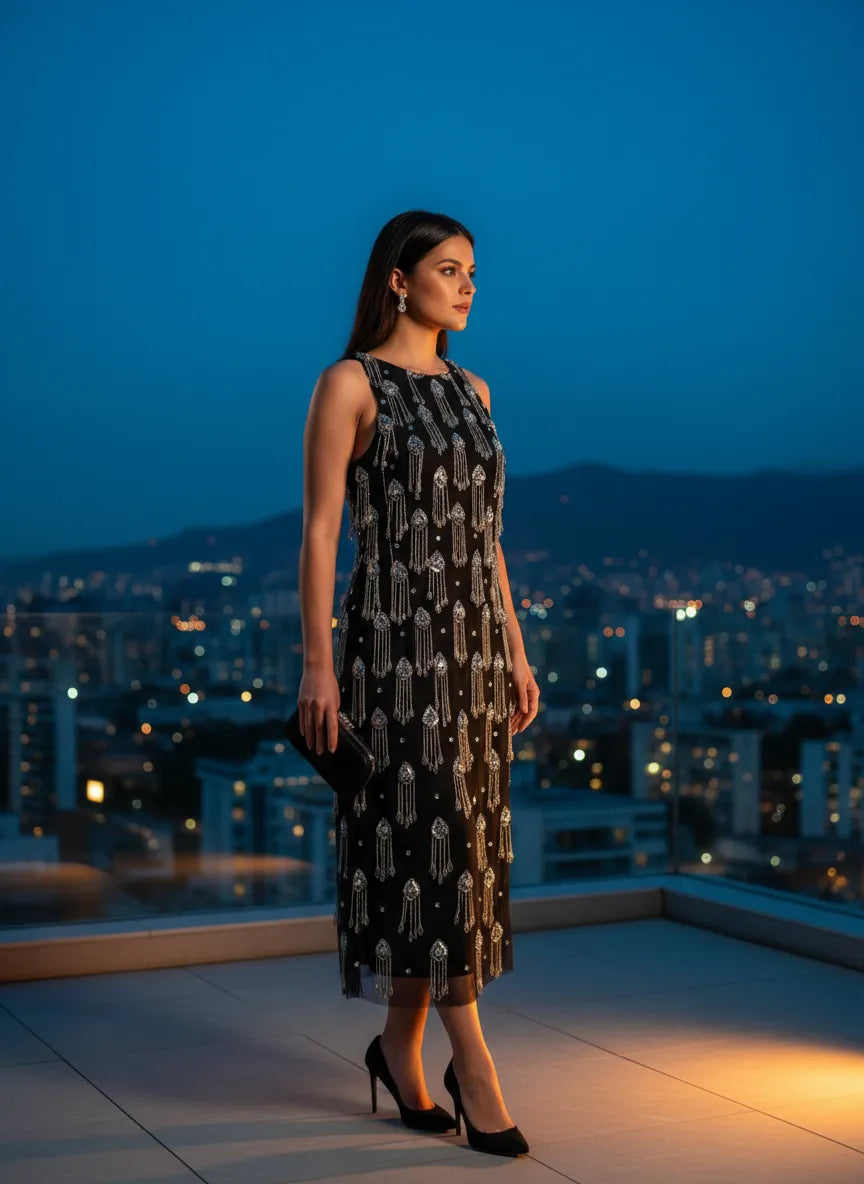 Vestido Nocturno con Flecos de Cuentas