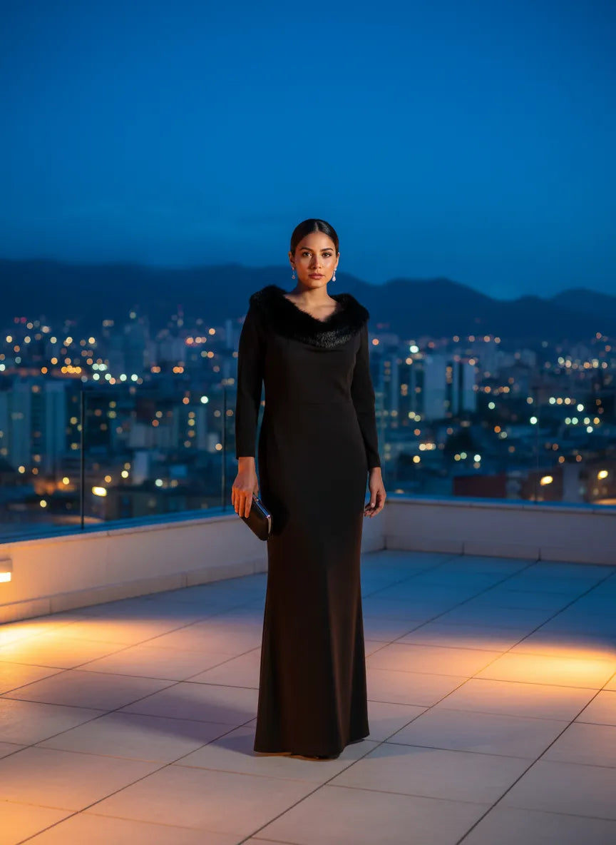 Elegancia Nocturna con Cuello de Piel