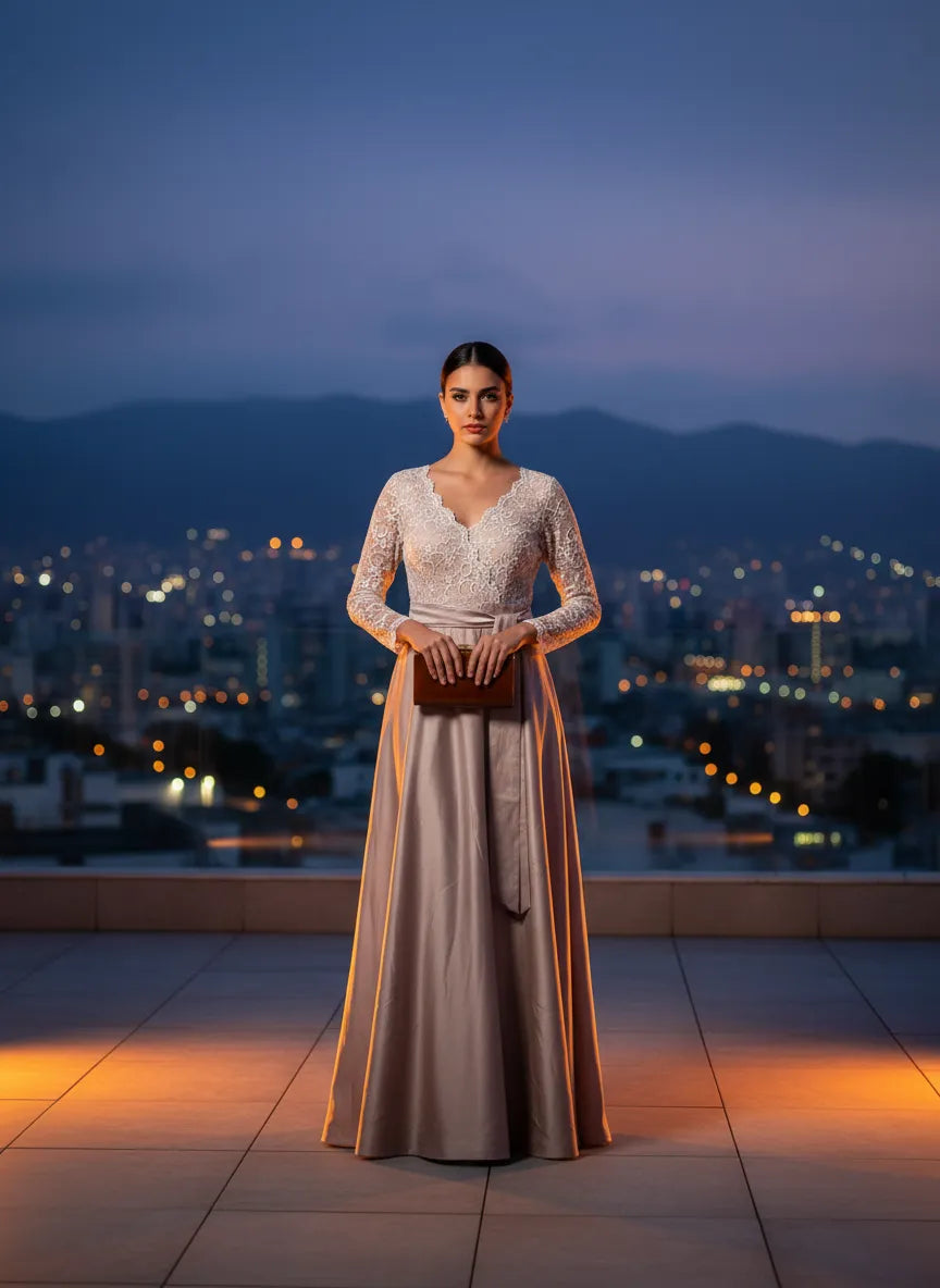 Vestido de Noche Encaje y Satén