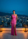 Vestido de Noche Asimétrico con Lentejuelas Fucsia