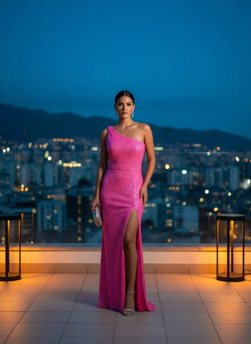 Vestido de Noche Asimétrico con Lentejuelas Fucsia