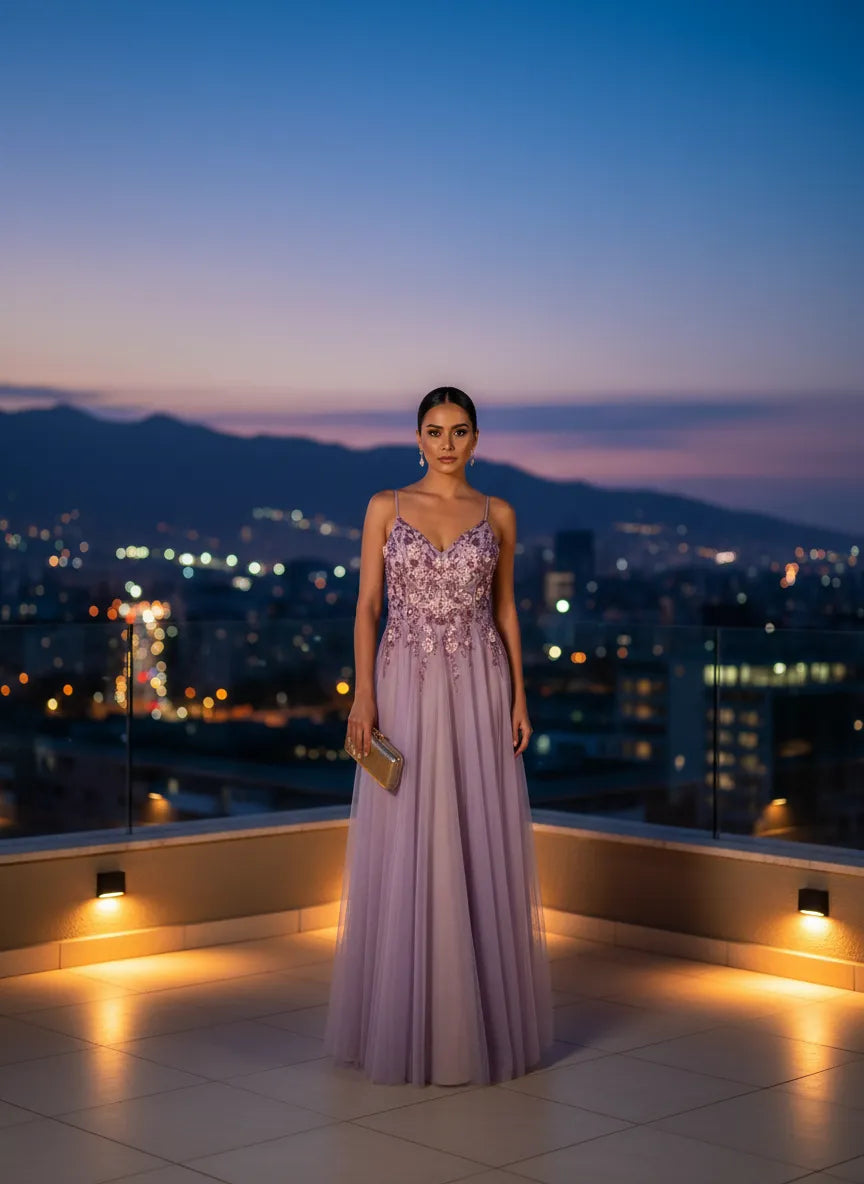 Vestido de Noche Lavanda con Bordado Floral