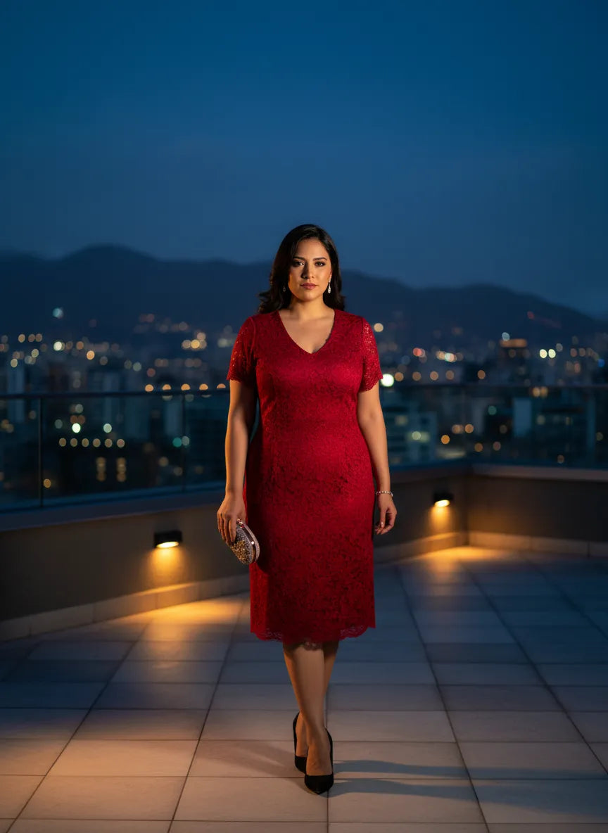 Vestido de Encaje Escarlata al Atardecer