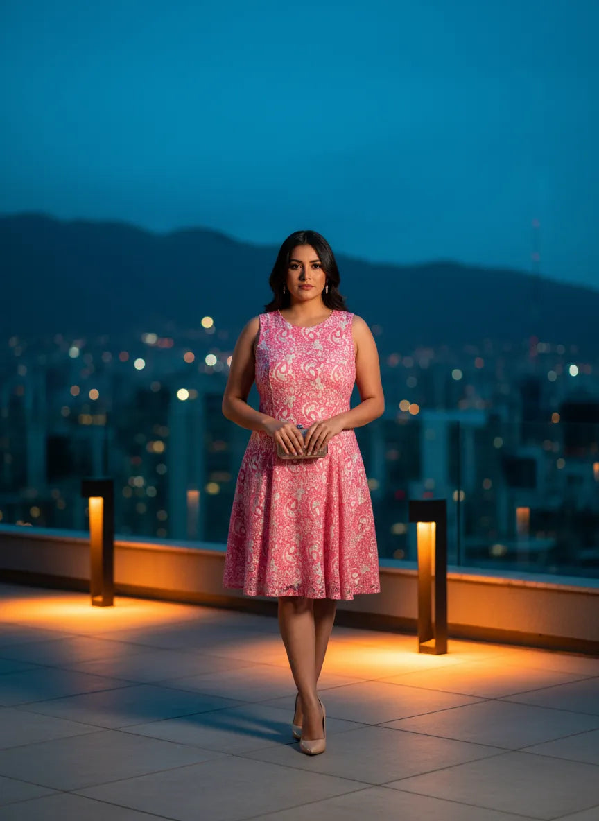 Vestido de Encaje Floral Rosa Noche Urbana