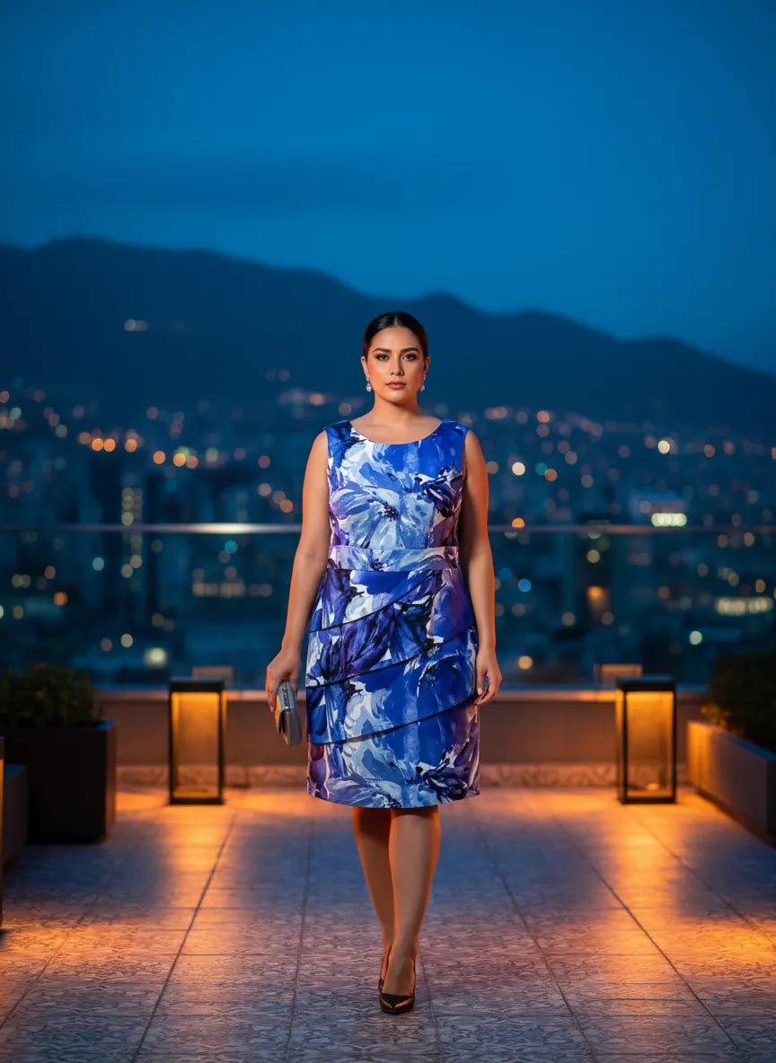Vestido Nocturno Floral Azul