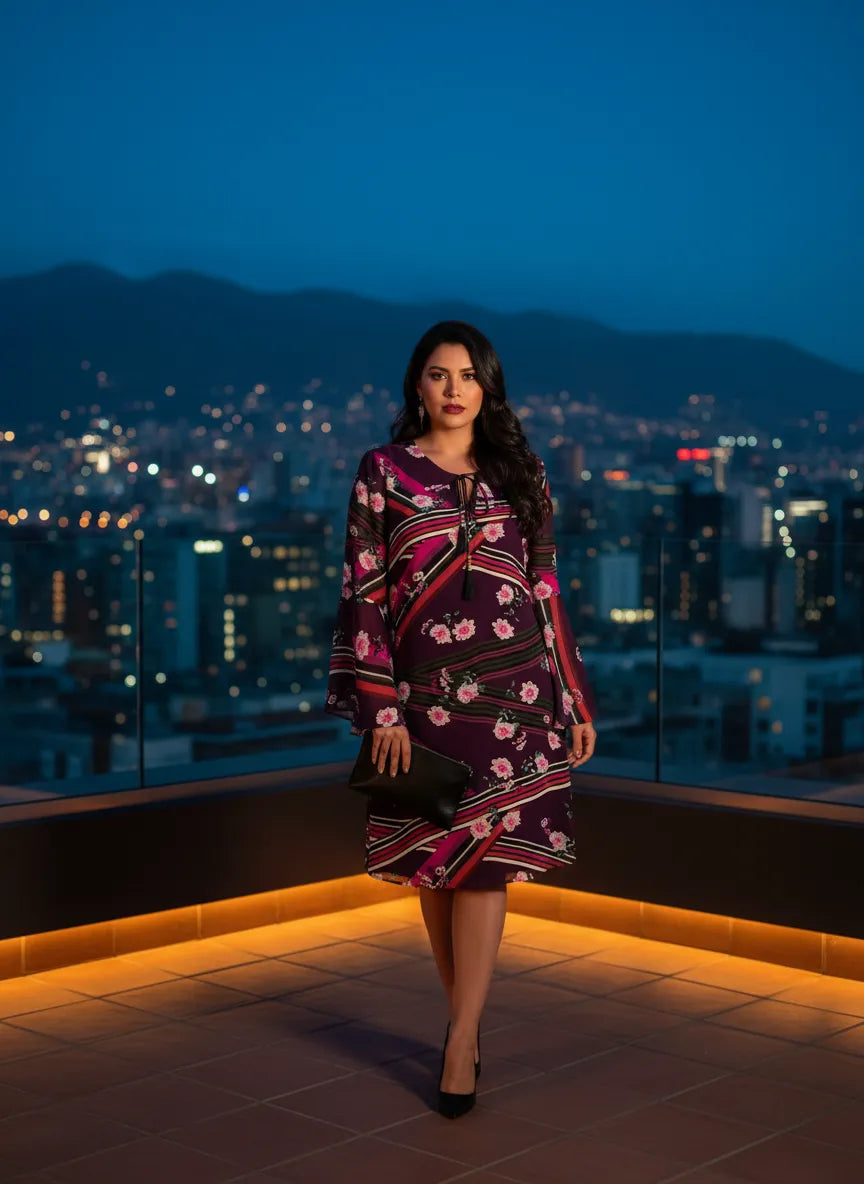 Vestido Nocturno Floral de Manga Acampanada