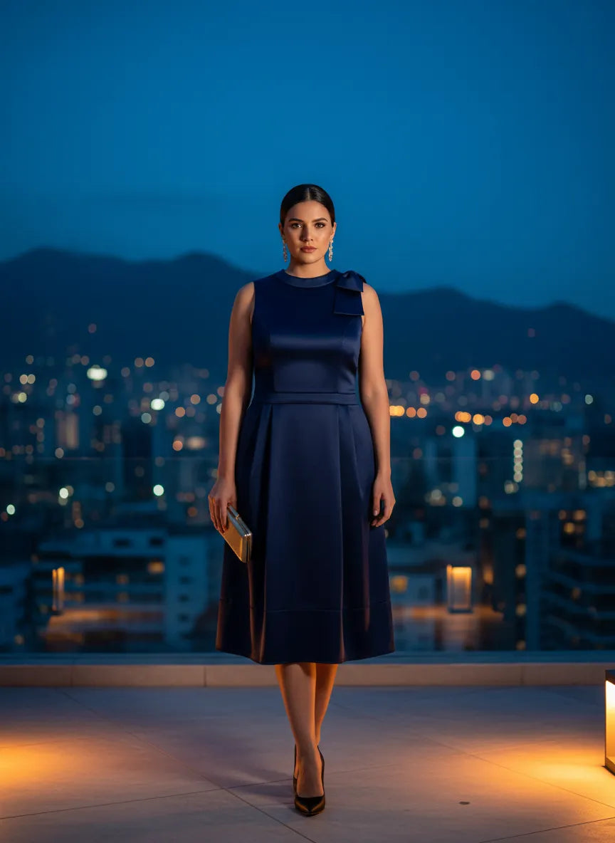 Vestido de Noche en Satén Azul Noche