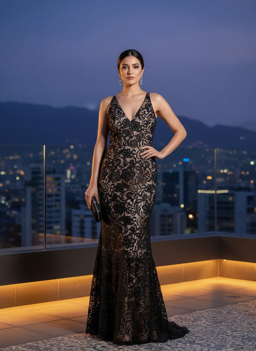 Vestido Largo Sirena Negro Encaje Floral Forro Nude Escote V Tirantes Finos