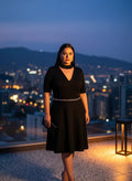 Vestido Negro Corte A Escote V Cuello Choker Manga Corta Cinturón Brillante