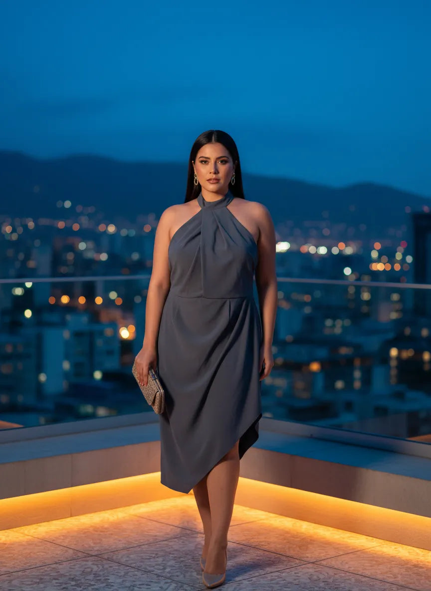 Vestido Midi Halter Noche Azul Acero