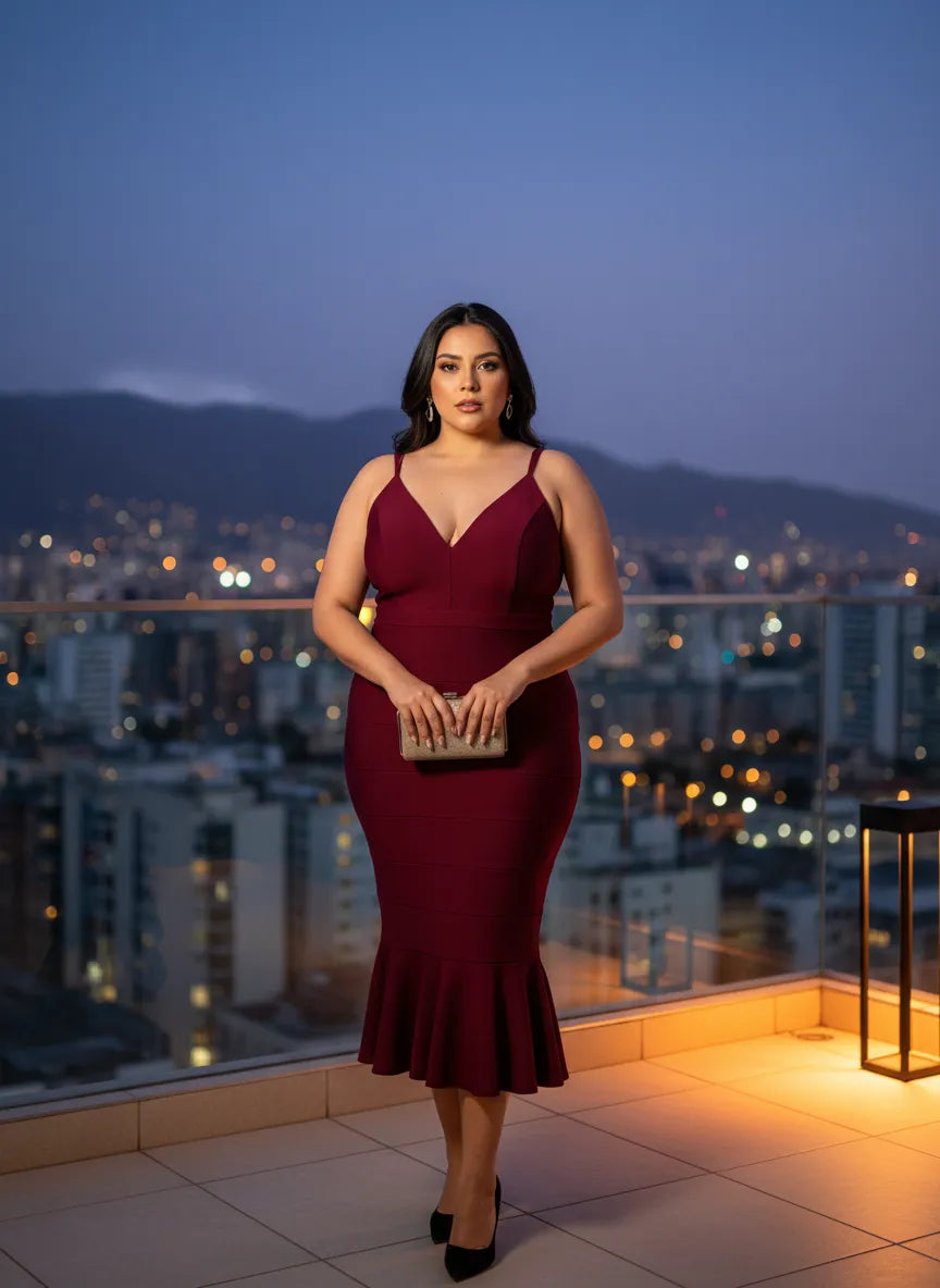 Vestido Sirena Burdeos Escote V Tirantes Volante Sutil