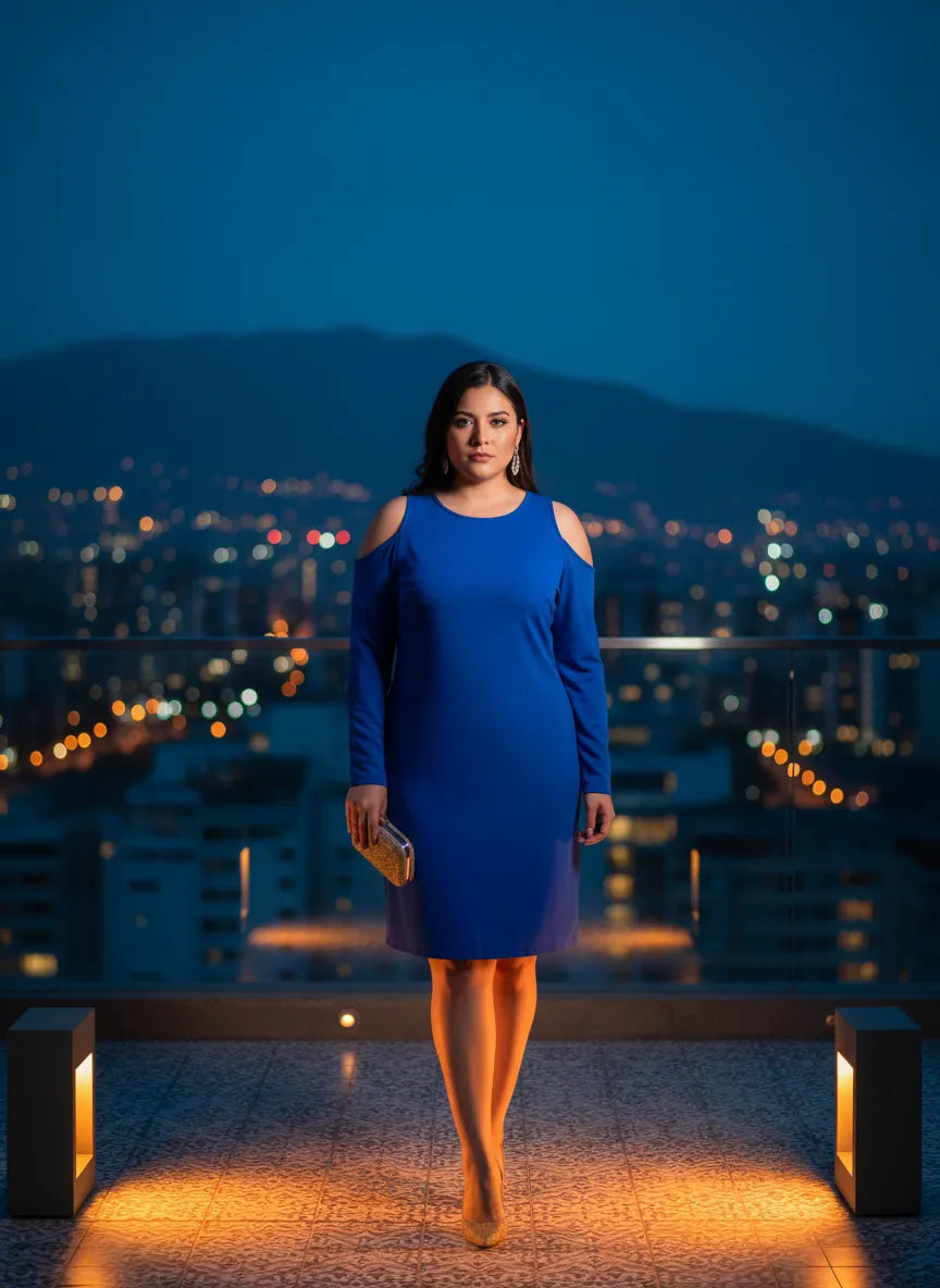 Vestido Azul Noche con Hombros Descubiertos