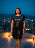 Vestido Cóctel Negro Lentejuelas Manga Mariposa