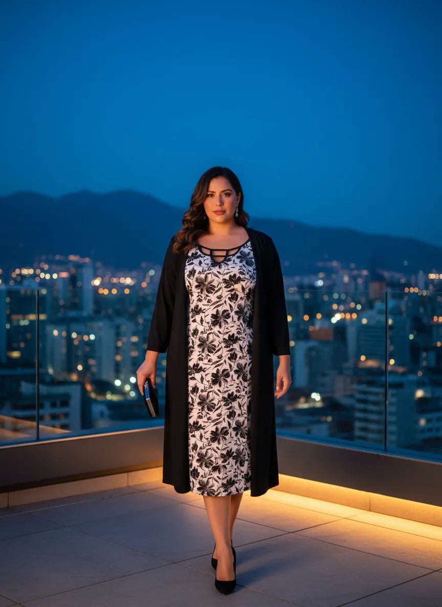 Vestido Floral de Noche con Cárdigan Largo