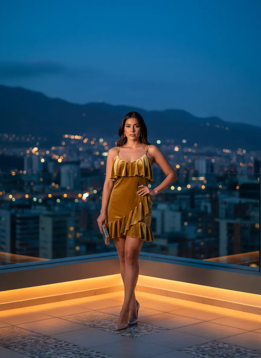 Vestido Corto de Volantes Noche Dorada
