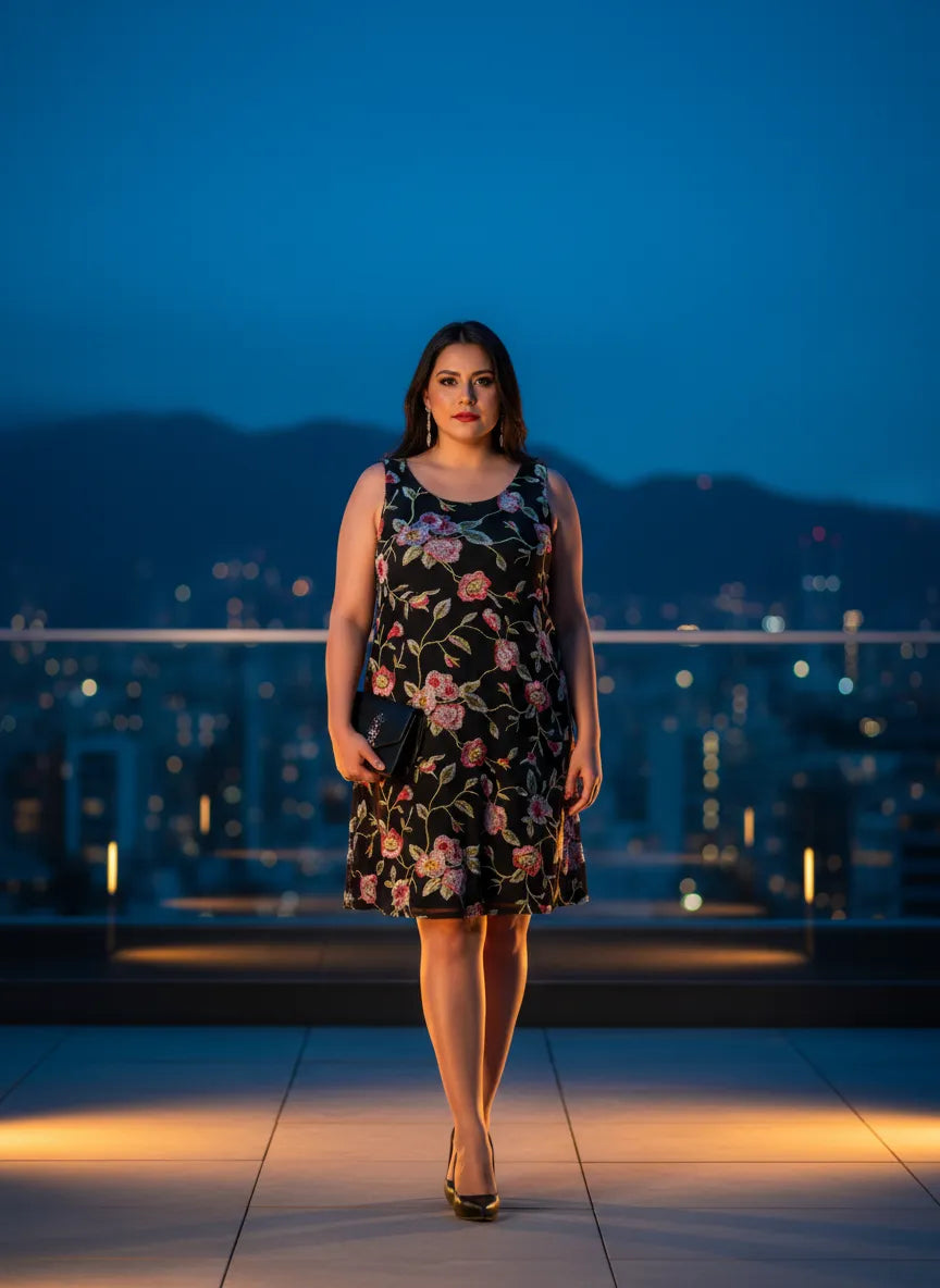 Vestido Nocturno Floral Bordado