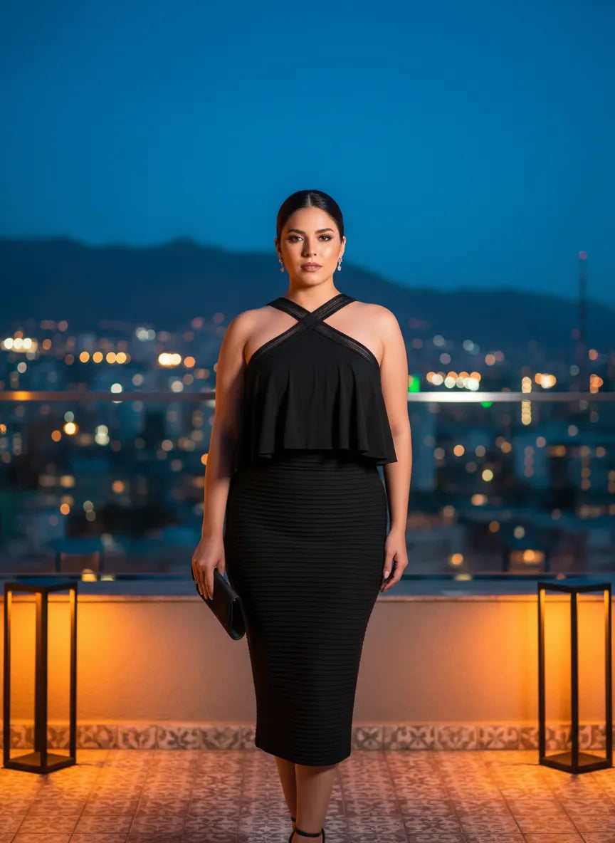 Vestido Negro Halter Peplum Midi
