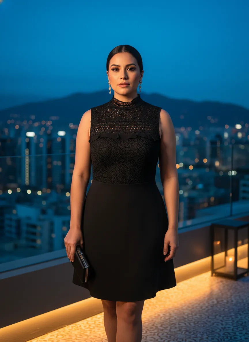 Vestido Cóctel Negro Cuello Alto Encaje Volantes Corpiño Falda Corte A