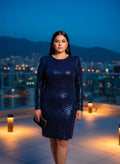 Vestido Azul Marino Lentejuelas Manga Larga