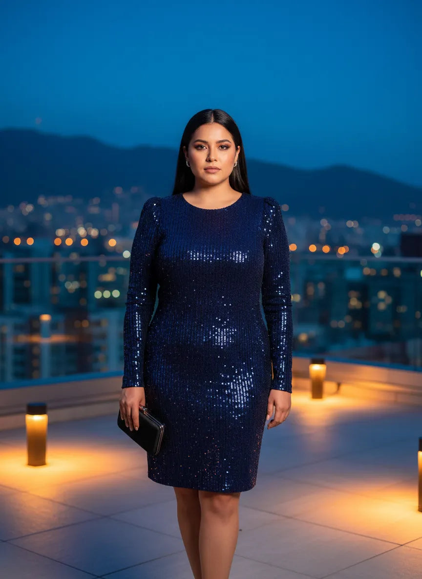 Vestido Azul Marino Lentejuelas Manga Larga