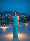 Vestido Largo Sirena Turquesa Escote Halter Cruzado Noche
