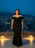 Vestido Largo Negro Escote Bardot Volantes Cola Sirena Fluida Bodas Gala