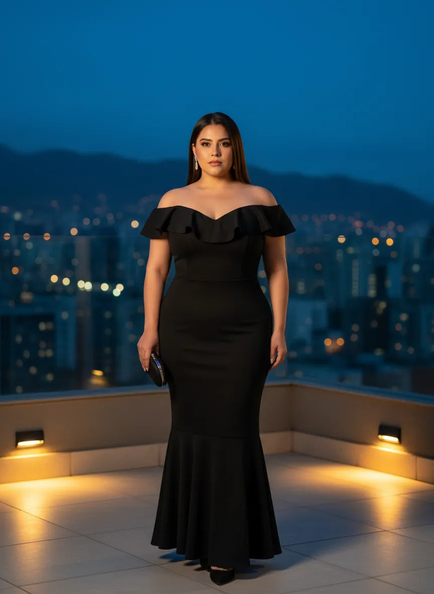 Vestido Largo Negro Escote Bardot Volantes Cola Sirena Fluida Bodas Gala