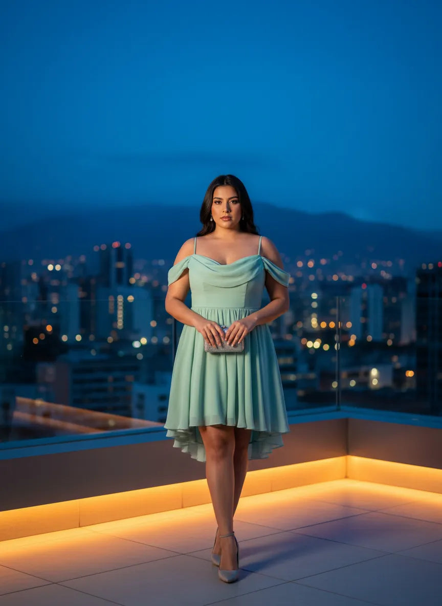 Vestido de Noche Turquesa con Escote Bardot