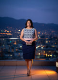 Vestido Sin Mangas Geométrico Azul Marino Rosa Pálido Falda Lápiz