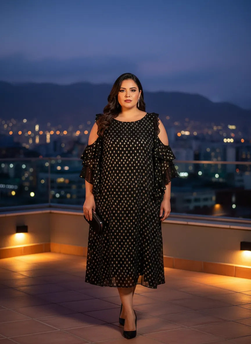 Vestido Nocturno de Lunares y Hombros Descubiertos
