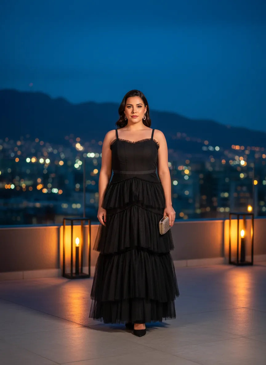 Vestido Largo Negro Tul Volantes Corpiño Escote Corazón Tirantes Finos Gala