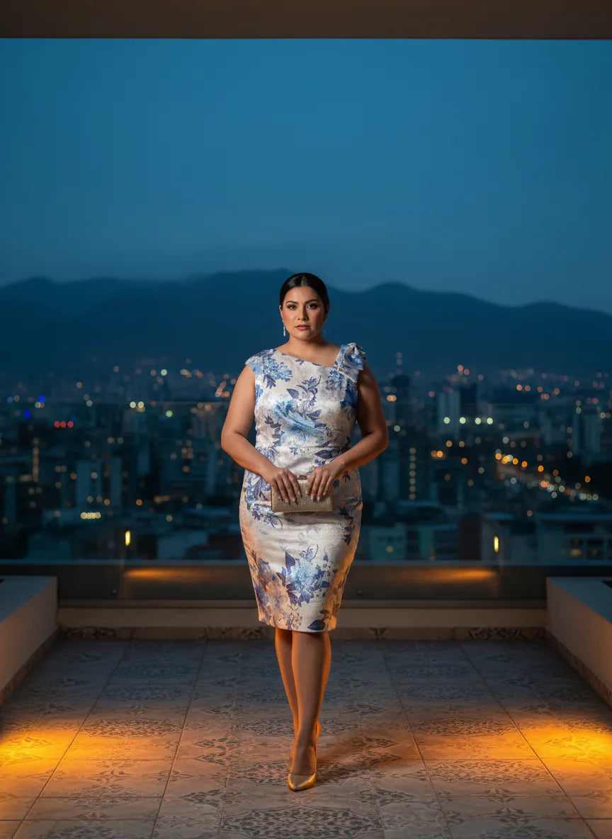 Vestido Cóctel Flores Azules