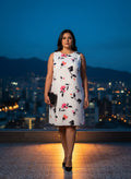 Vestido Recto Floral Blanco Rosa Coral Negro Sin Mangas