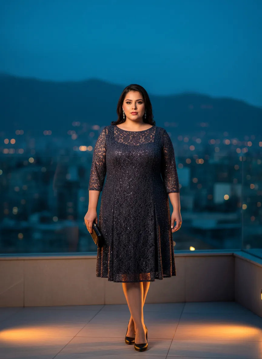 Vestido Nocturno de Encaje Brillante