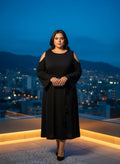 Vestido Midi Negro con Hombros Descubiertos