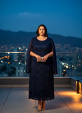 Vestido Azul Marino Talla Grande Capa Encaje Lentejuelas Eventos Formales