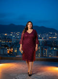 Vestido Cóctel Burdeos Encaje Lentejuelas Cuello V Mangas 3/4 Campana Rodilla