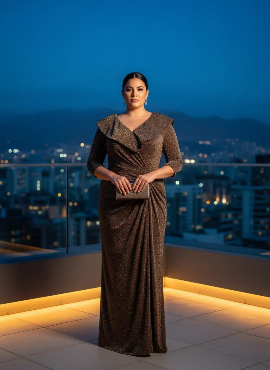 Vestido Largo Marron Brillo Dorado Drapeado Asimetrico Escote V Gala