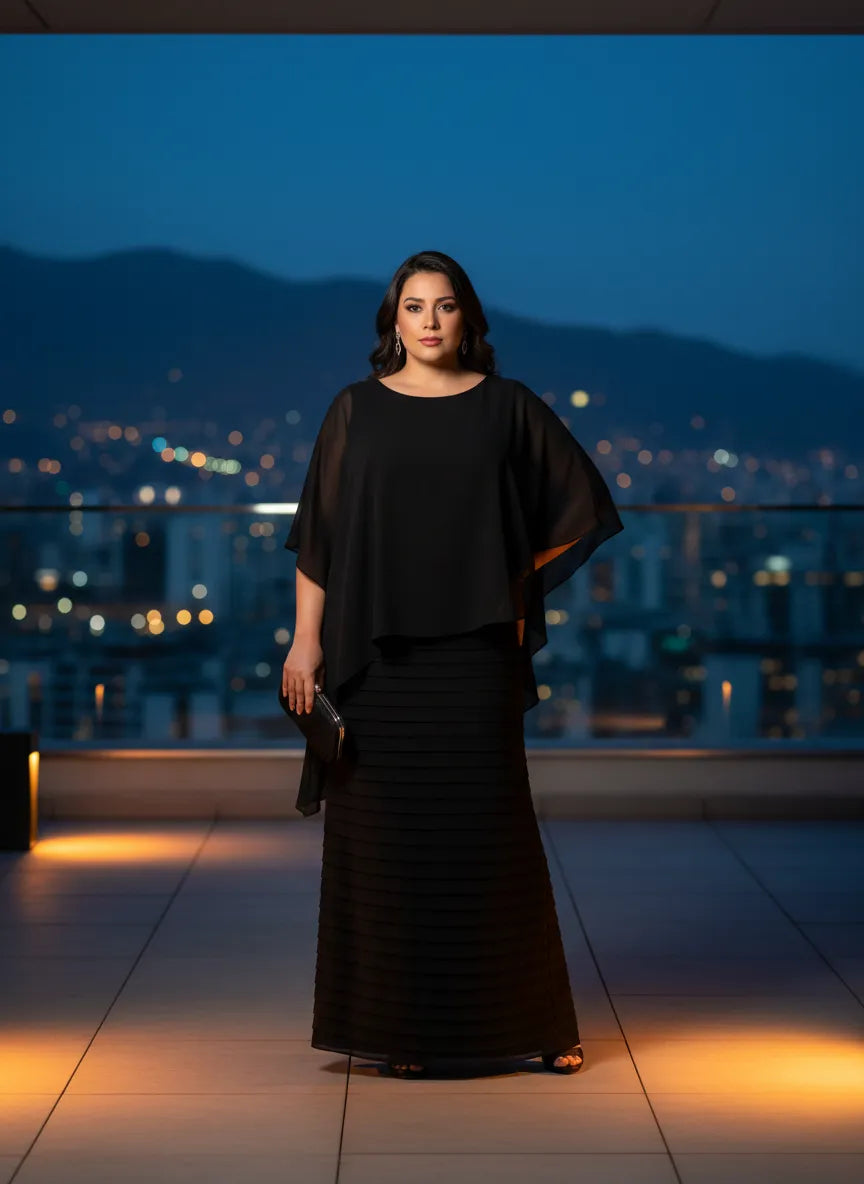 Vestido Largo Negro Capa Caftan Superior Falda Plisada Noche Talla Grande