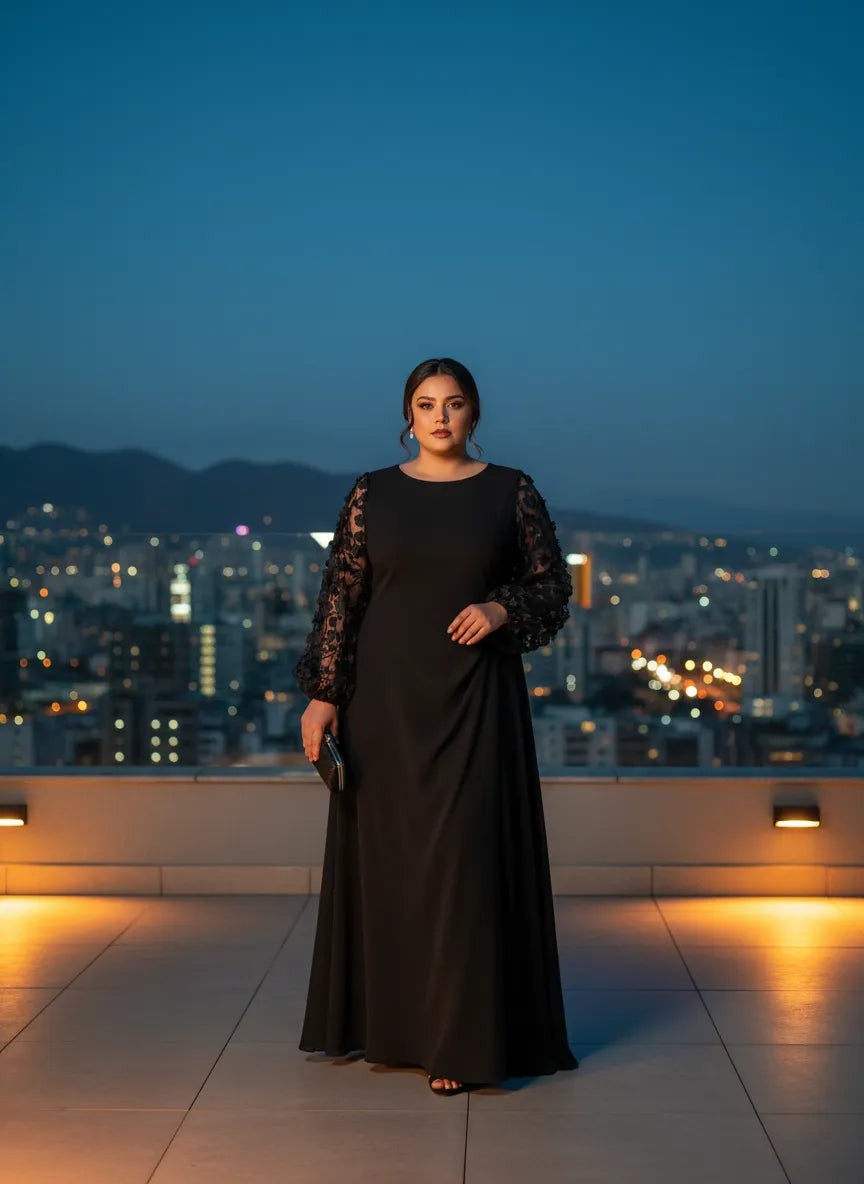 Vestido Nocturno Elegante con Mangas de Encaje