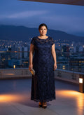 Vestido Largo Azul Marino Oscuro Encaje Floral Manga Corta Cuello Redondo Noche