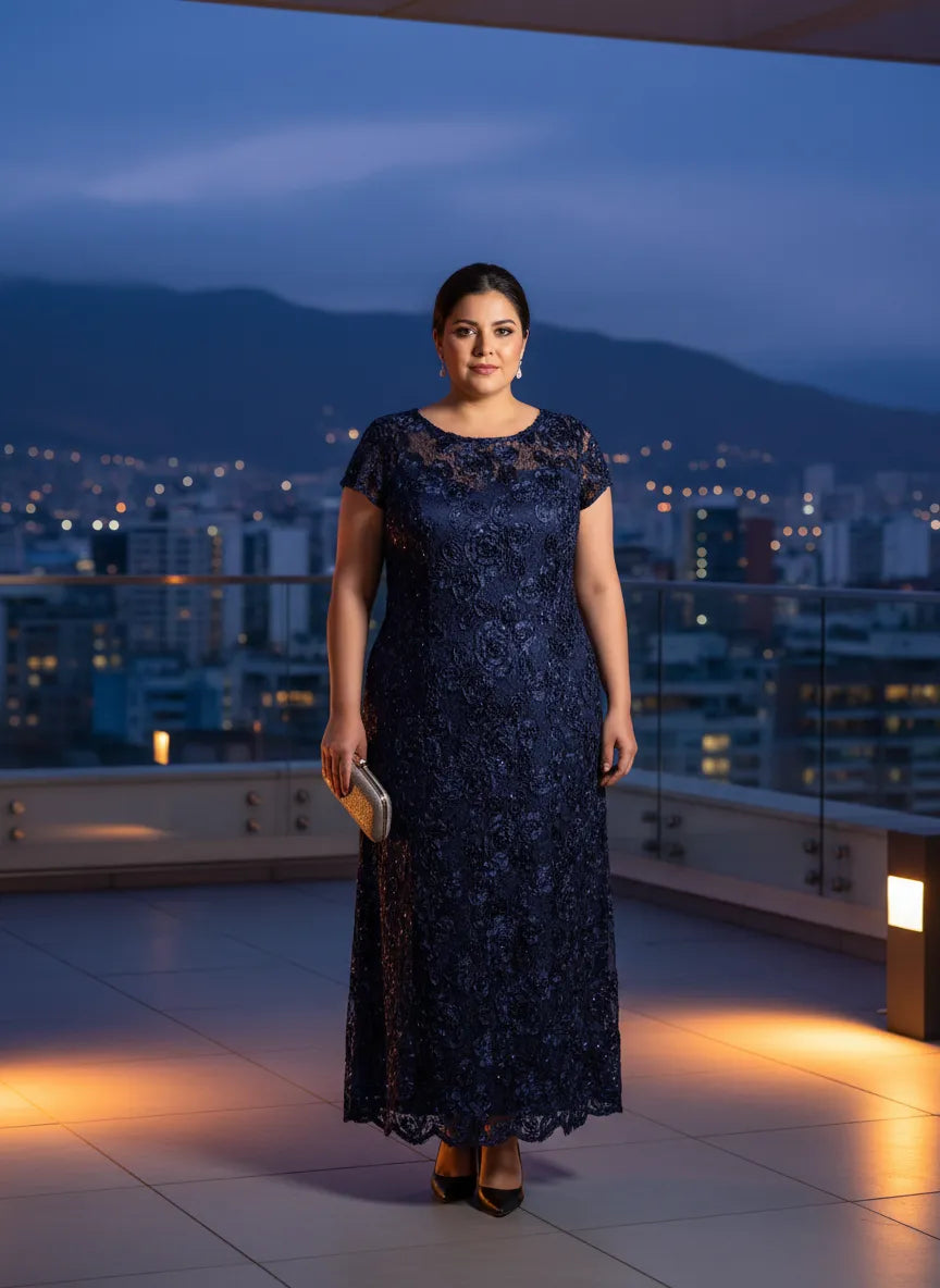 Vestido Largo Azul Marino Oscuro Encaje Floral Manga Corta Cuello Redondo Noche