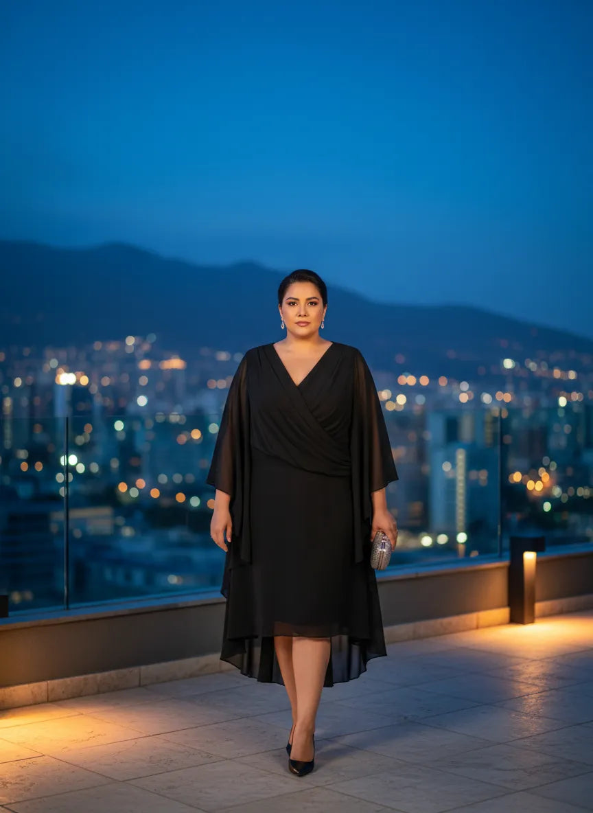 Vestido Negro Asimétrico Mangas Murciélago
