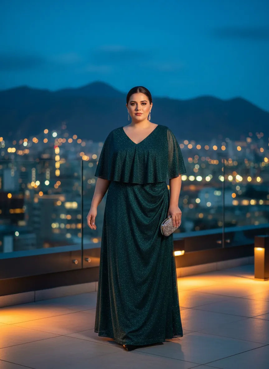 Vestido Largo Verde Esmeralda Capa Drapeado Destellos Noche Gala